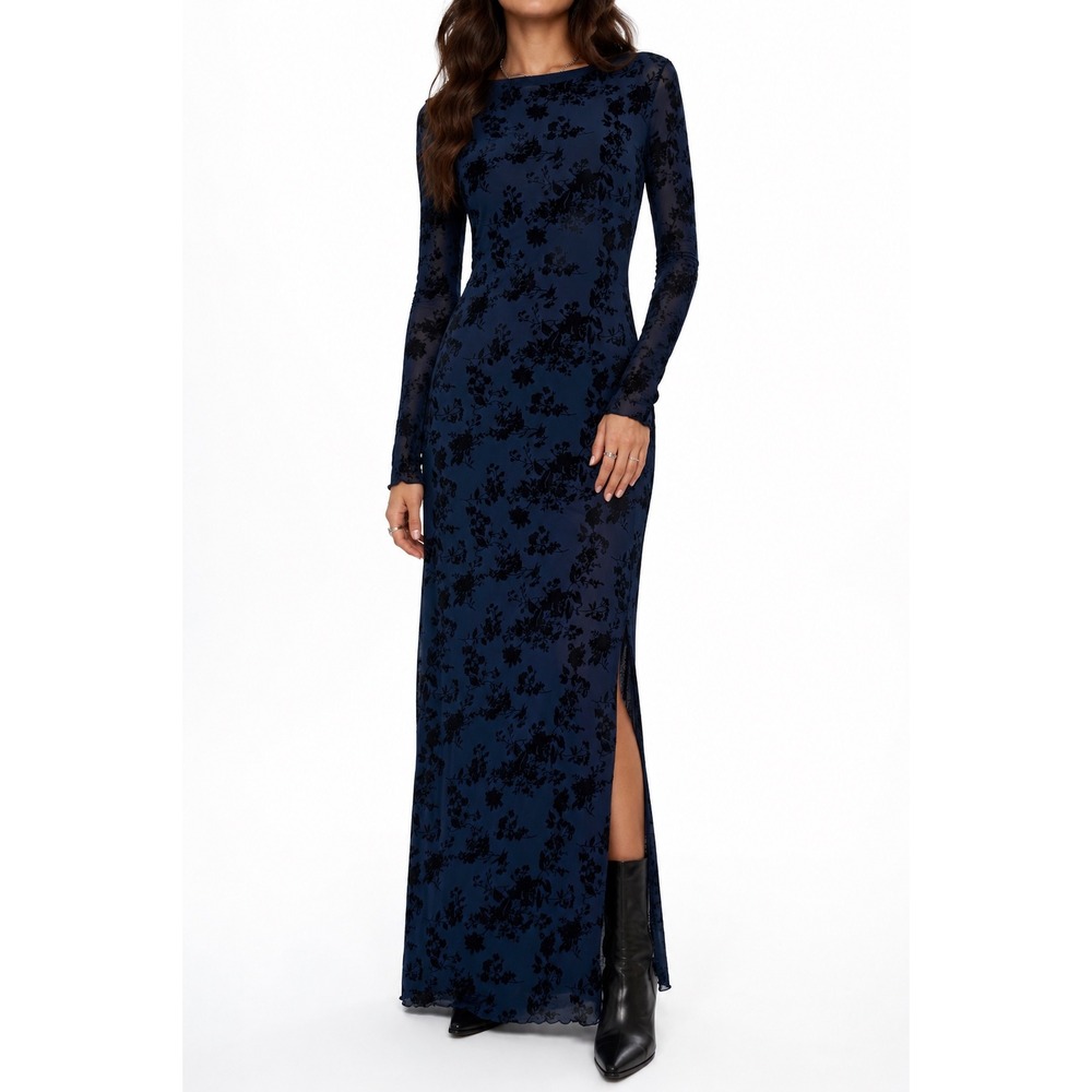 Mitilly Navy Mesh Floral Velvet Flocked Maxi Dress Sheer Y2K Fairy Goth NWOT